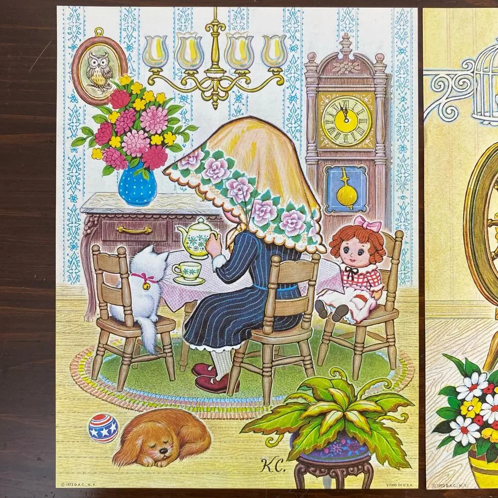 Two Vintage Lithograph Prints Teri-Tots Collection K. Chin 1973 Whimsical 12”x9”